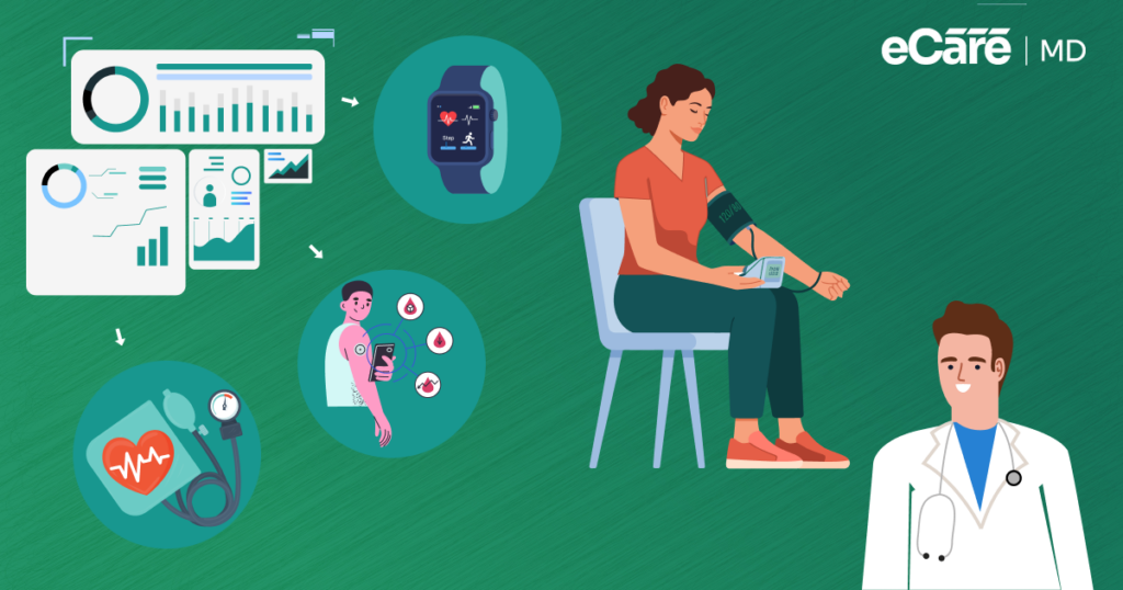 An illustration of a doctor and patient using remote patient monitoring wearables with digital health dashboards